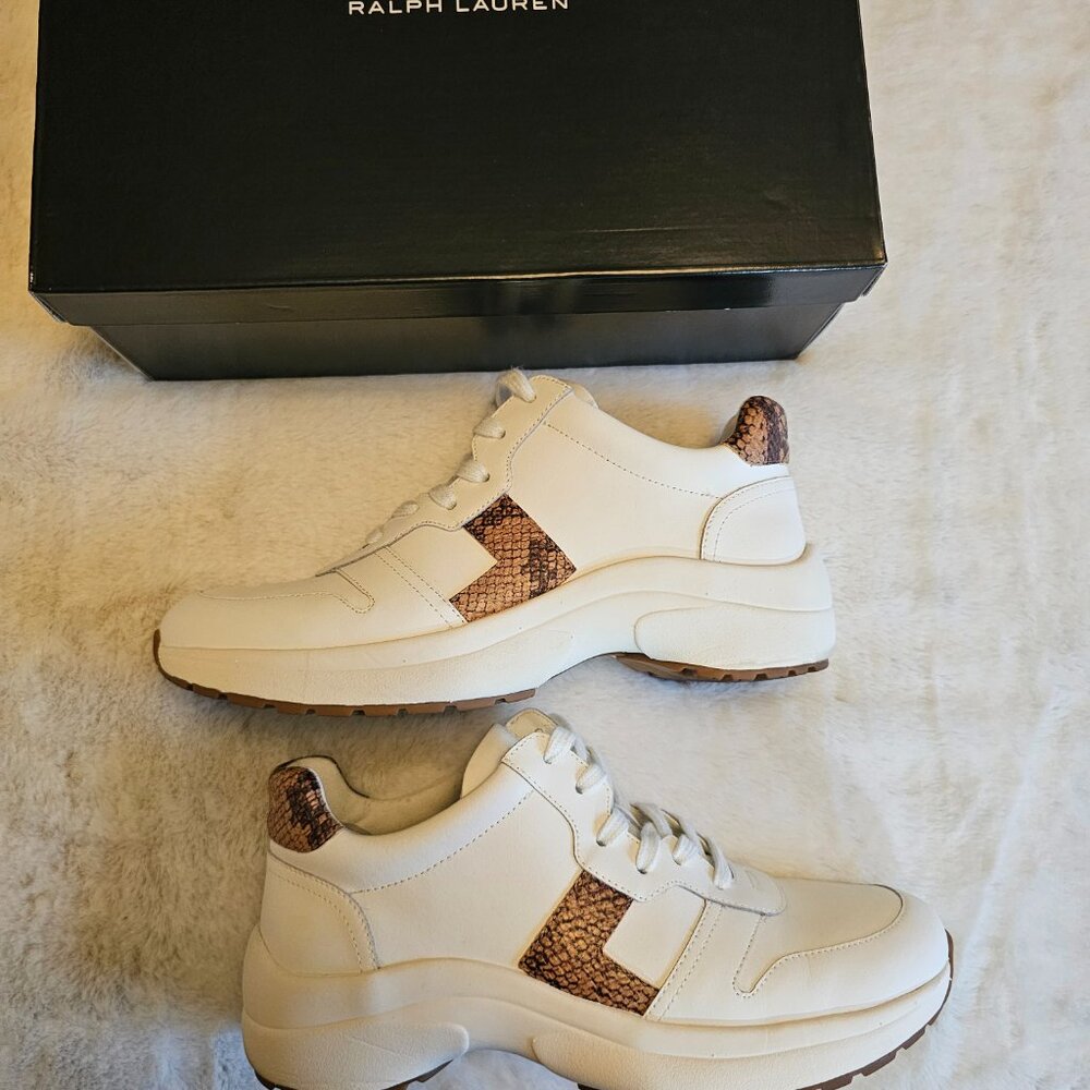 Ralph Lauren Cream Sneakers with Brown Snakeskin Accents